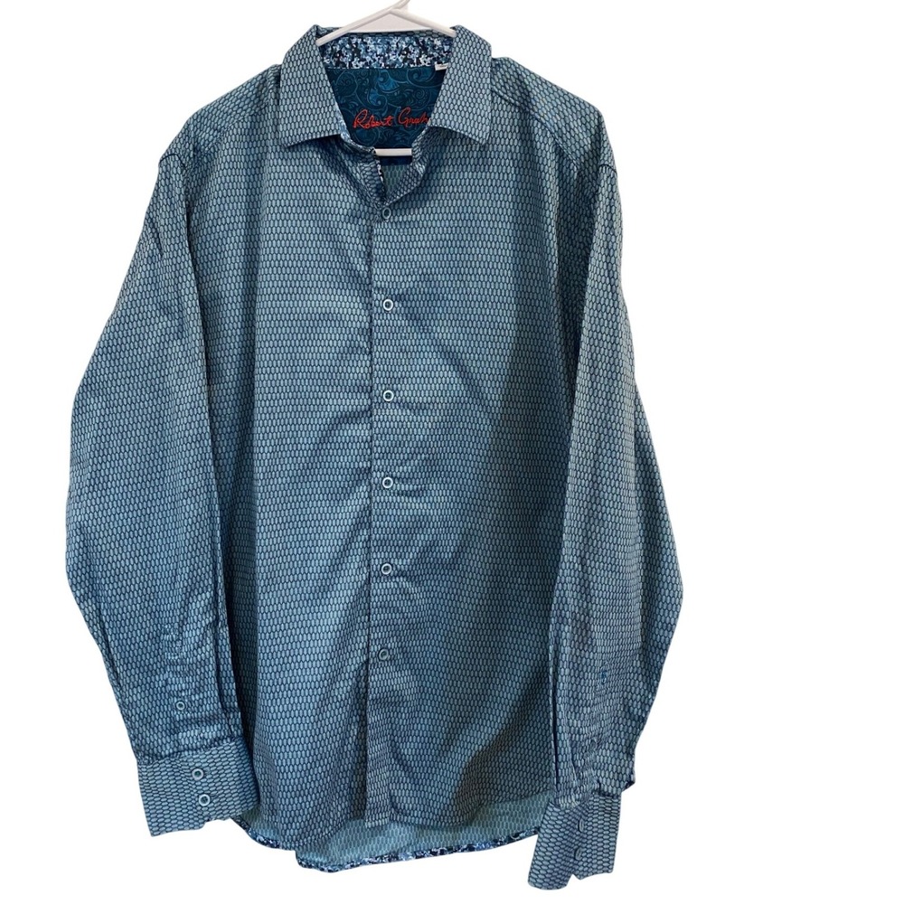 Robert Graham Mens Large Blue Geometric Honeycomb Classic Fit‎ Button Down Shirt